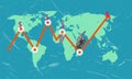 The end of economic stagnation and the beginning of global economic development. A chart of the Earth with the rise of the dollar