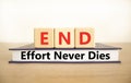 END effort never dies symbol. Concept words END effort never dies on beautiful wooden blocks and book. Beautiful white background