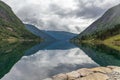 End of fjord. Beautiful Norwegian landscape. view of the fjords. Norway ideal fjord reflection in clear water In cloudy weather. Royalty Free Stock Photo