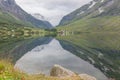 End of fjord. Beautiful Norwegian landscape. view of the fjords. Norway ideal fjord reflection in clear water selective focus Royalty Free Stock Photo