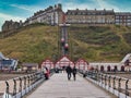 From the end of the Grade 2 listed pier at Saltburn-by-the-Sea, UK, looking back to the Saltburn Cliff Lift