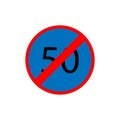 End 50 kilometres minimum speed limit. Warning icon. Blue and red. Road traffic sign. Vector illustration. Stock image.