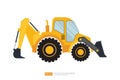 end loader vehicle flat cartoon. bulldozer quarry machine. stone wheel yellow digger. backhoe front loader truck. work tractor Royalty Free Stock Photo