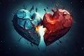 The end of love and heartbreak shown by two shattered hearts