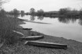 Boats pulled to the river bank