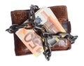 End of personal spending. Wallet euro banknote in chain