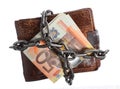 End of personal spending. Wallet euro banknote in chain