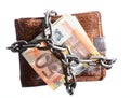 End of personal spending. Wallet euro banknote in chain