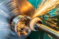 End processing of a metal surface with an abrasive stone on a circular grinding machine, sparks fly in different directions Royalty Free Stock Photo