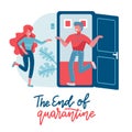 End of quarantine lettering concept. Pademic is over. Joyful man and woman throw away mask and run to each other. Couple meet