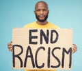 End racism poster, black man and protest isolated on blue background for social justice, change and equality problem Royalty Free Stock Photo