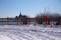 End of the road red signs with snow on the ground and Central Railroad of New Jersey Terminal on the back Royalty Free Stock Photo