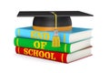 End of school. Graduation cap and pile books on white background. Isolated 3D illustration Royalty Free Stock Photo