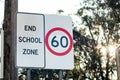 End school zone road sign with speed limit 60 in Australia. Road safety Royalty Free Stock Photo