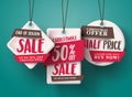 End of season Christmas sale vector set of red sale tags hanging with half price text Royalty Free Stock Photo
