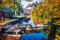 End of the season in Plitvice National Park. Amazing autumn scene of pure water lake with boat and luch leaf, Croatia, Europe. Bea