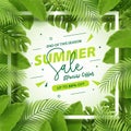 End of season summer sale banner with tropical leaves background Royalty Free Stock Photo