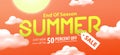 End of season summer sale 50 percent off promotion website banner heading design on graphic red sky background vector for banner