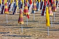 End of summer - Parasols and sun loungers closed on the beach Royalty Free Stock Photo