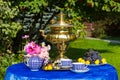 The end of the summer. Samovar, cups of tea, flowers