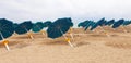 Bowed umbrellas stand on the beach.