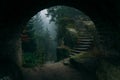 End of a tunnel to a Dark Mystical stairs in a fairy fantasy forest filled with magical mist o