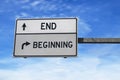 End versus beginning. White two street signs with arrow on metal pole. Directional road. Crossroads Road Sign, Two Arrow. Blue sky Royalty Free Stock Photo
