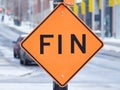 End of work roadsign in French `panneau de fin de travaux` in French in Montreal, Quebec