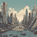 End of the worlsd illustration. Empty street of bombed out city. Apocalyptic view of abondoned city with destroyed cars as Royalty Free Stock Photo