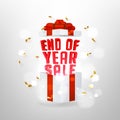 End of year sale banner. Opened gift box with red bow and magic effect. Royalty Free Stock Photo