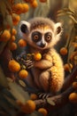 Endanger baby lemur catta, on yellow fruit tree