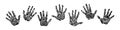 Endangered ancient handprint set. Hand drawn human palm prints graphic vector illustration, black isolated on white background Royalty Free Stock Photo