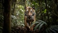 Endangered Bengal tiger hides, stares from foliage generated by AI