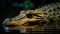 Endangered caiman rests in wetland, showcasing teeth and beauty generated by AI