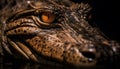 Endangered caiman snout reflects in dark swamp, danger lurking generated by AI
