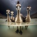 Endangered Emu Family Wading in their Enclosure
