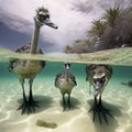 Endangered Emu Family Wading in their Enclosure