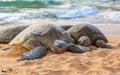 Endangered Hawaiian Green Sea Turtles on the beach at North Shore Oahu Hawaii Royalty Free Stock Photo