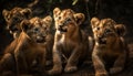 Endangered lion cub staring at camera in African grasslands generated by AI Royalty Free Stock Photo