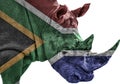 Endangered Rhino in South Africa with South African Flag