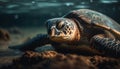 Endangered sea turtle crawls on sandy coastline generated by AI