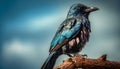 Endangered starling perching on branch, iridescent feathers shining purple generated by AI