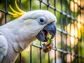 Endangered White Cockatoo in Silhouette Sharpening Beak Upside Down in Captive Environment Royalty Free Stock Photo