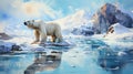 Endangered wild animal in the Arctic: polar bear on retreating ice under huge clouds, watercolors