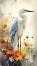 Endearing Baby Egret in a Colorful Flower Field for Art Prints and Greetings.