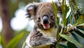 Endearing baby koala resting amidst eucalyptus foliage. Vibrant close-up of a fluffy Australian marsupial. Concept of
