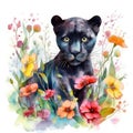 Endearing Baby Panther in a Colorful Flower Field for Art Prints and Greetings