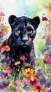 Endearing Baby Panther in a Colorful Flower Field for Art Prints and Greetings.