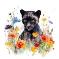 Endearing Baby Panther in a Colorful Flower Field for Art Prints and Greetings