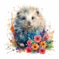 Endearing Baby Porcupine in a Colorful Flower Field for Art Prints and Greetings.